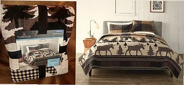 $140 Cuddl Duds Scenic Lodge Cotton Flannel Quilt Bedspread &Sham Moose Bear Set