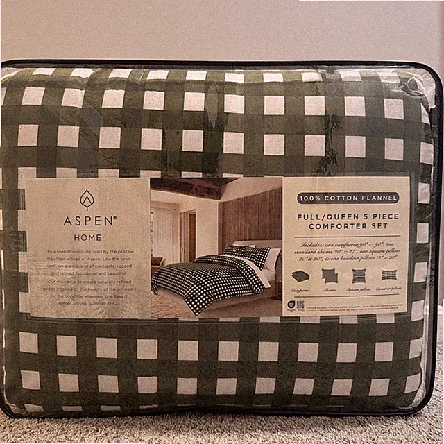 Aspen Home Cotton Flannel Plaid Green and White Full/Queen Comforter Set 90”x90”