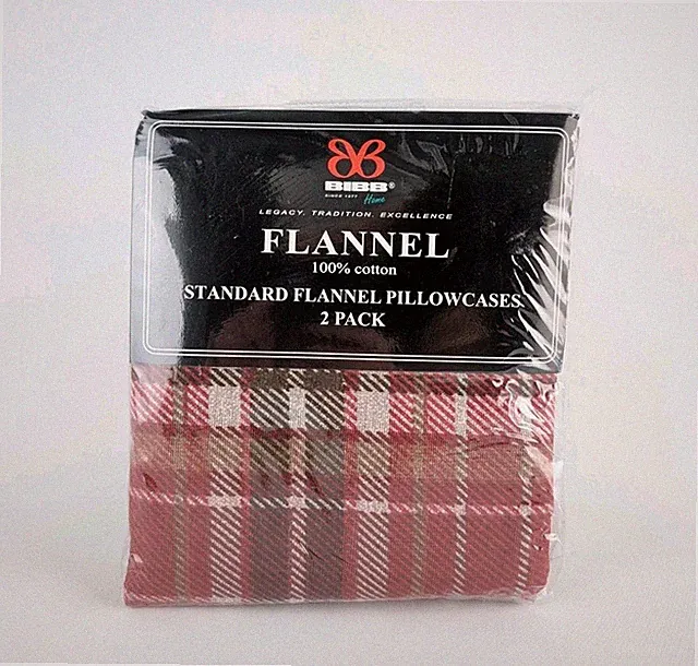 Bibb Home Flannel Pillowcases 2 Pack 20x30" New 100% Cotton Red Pink Plaid