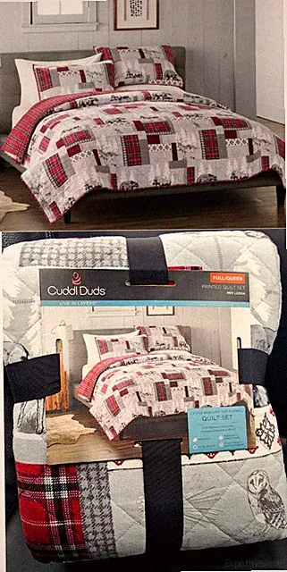 Cuddl Duds Red Lodge Cotton Flannel Quilt Set Bedspread F/Q 3PC Deer Moose Bear