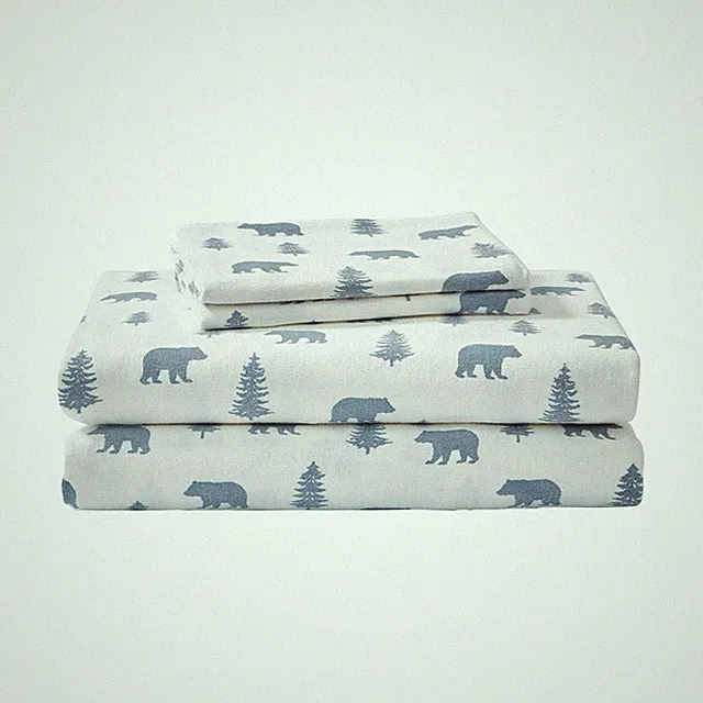 Eddie Bauer - Queen Sheets, Cotton Flannel Queen, Bears and Trees Blue/Ivory