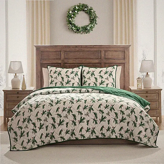 Hallmark Queen Flannel Greenery Print Quilt Set