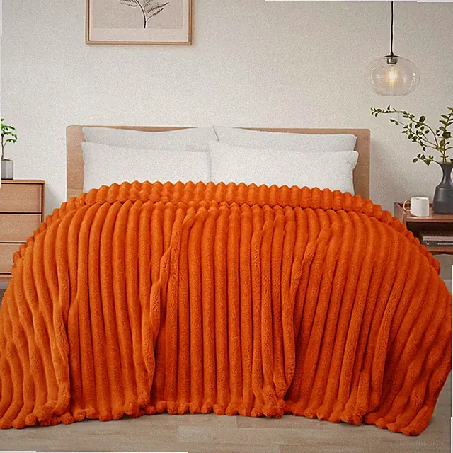 King Size Flannel Fleece Blanket Super Soft Striped Jacquard Bed Blanket Ligh...