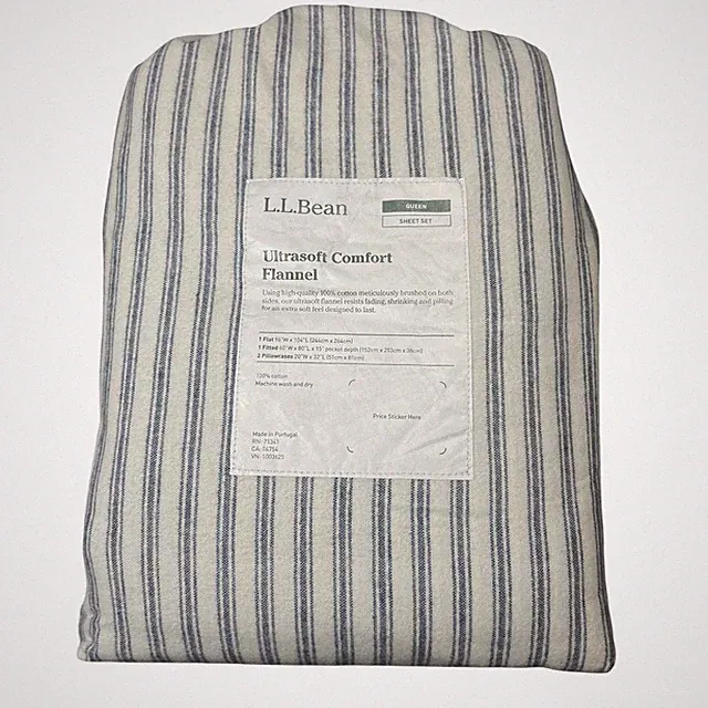 L.L. Bean Ultrasoft Comfort Flannel Queen Size Sheet Set Mariner Blue Stripe