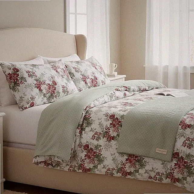 Laura Ashley King Flannel Comforter Set Floral Cotton w/ 2 Shams