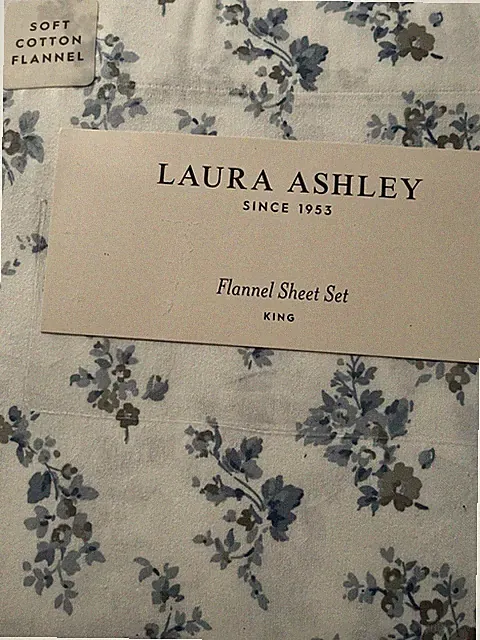 Laura Ashley KING Sheet set 100% Cotton Flannel Gray&Blue floral new