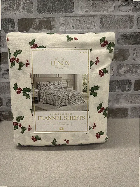 Lenox 6-Piece Soft & Warm 100% Cotton Flannel Sheet Set, King (Holly Green)