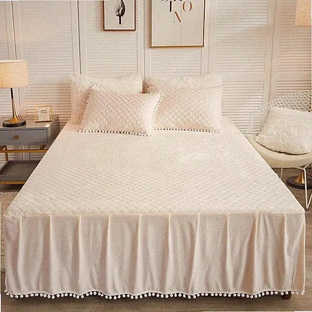 Luxury Pom Poms Velvet Bed Skirt, Velvet Wrap Around Bedspread, Ivory Quilted...