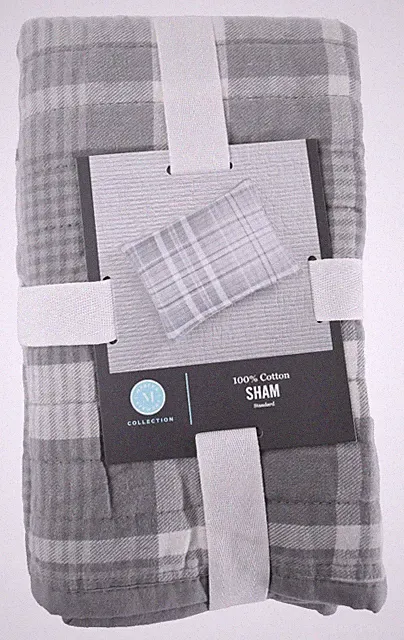 Martha Stewart Plaid Yarn Dye Flannel Quilted Standard Sham New Gray 100% Cotton