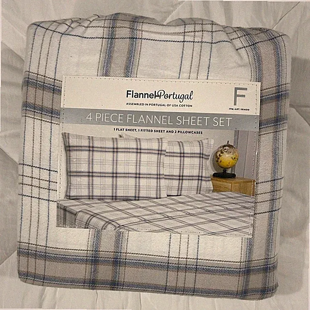 Portuguese Flannel Plaid 4 Pc Flannel Sheet 100% Cotton New Tan/Blue Full