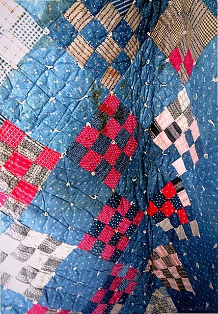 Quilt Vtg Handmade Knotted Square Block Pattern Flannel Back Cabin Farmhouse