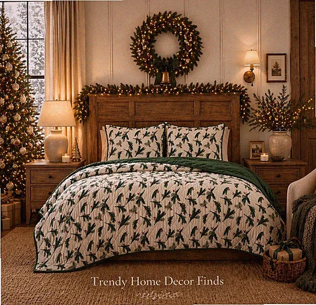 RARE Hallmark Queen Flannel Greenery Print Christmas Quilt Set Holiday NEW
