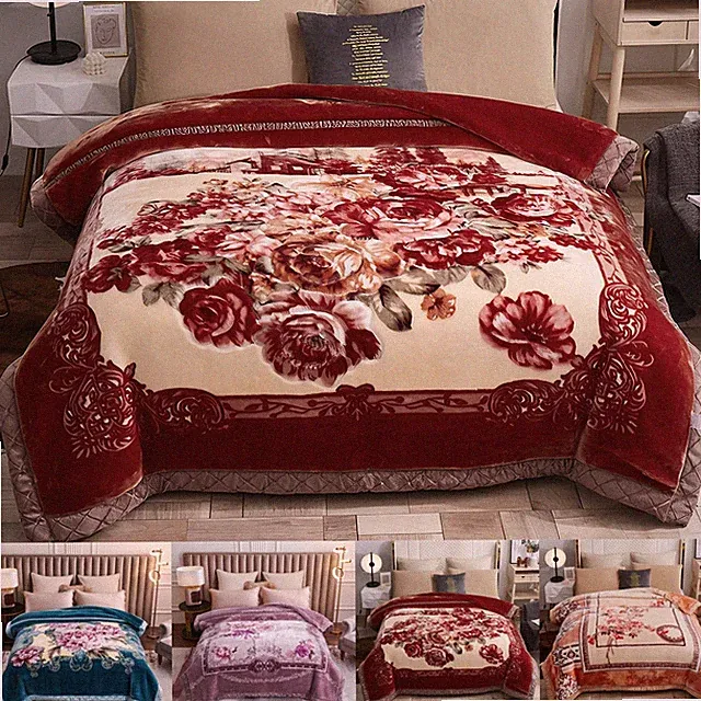 Reversible Korean Mink Blanket Printed Flannel Throw Blanket Full Queen Heavy