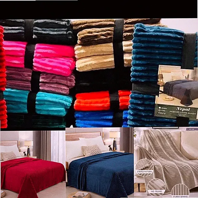 SOLID flannel Blanket Soft lightweight Stripe,3D Ribbed Jacquard Q & K size