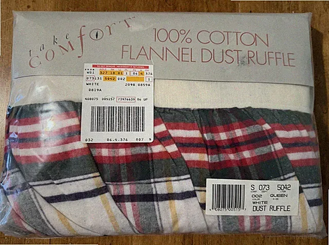 Spiegel Plaid Flannel Dust Ruffle Bedskirt Queen White Red Green Cotton NOS