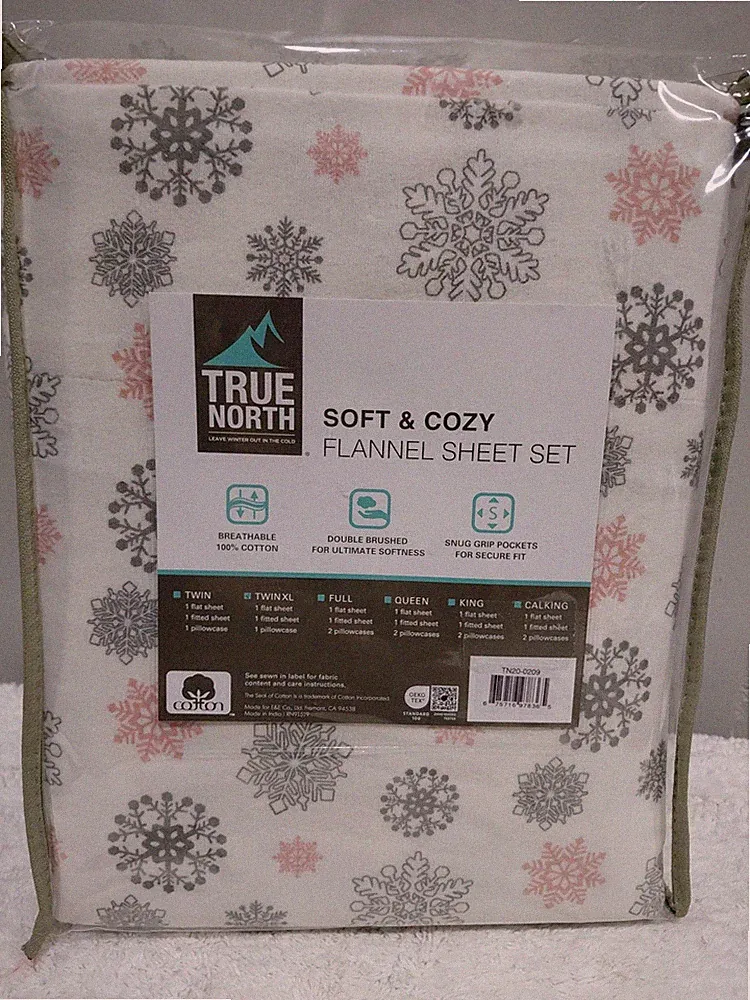 True North Twin XL Flannel Sheet Set White/Gray Snowflake 100% Cotton
