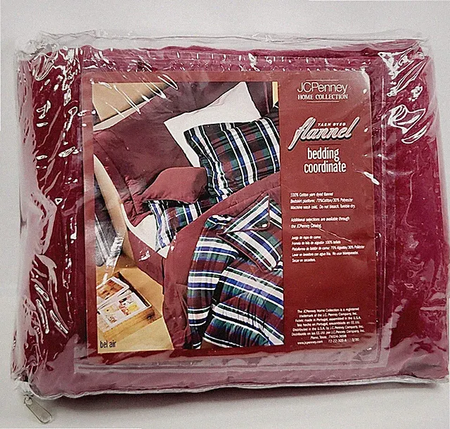 Vintage JCPenney Yarn Dyed Flannel Bedskirt Queen Maroon Cranberry Cotton